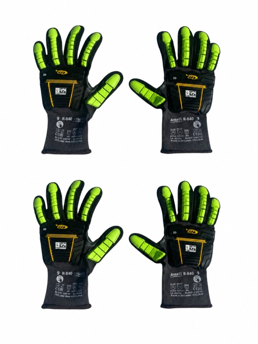 2 Pairs Ansell ActivArmr R-840 Impact-Resistant Work Gloves Size 9/L Black Green